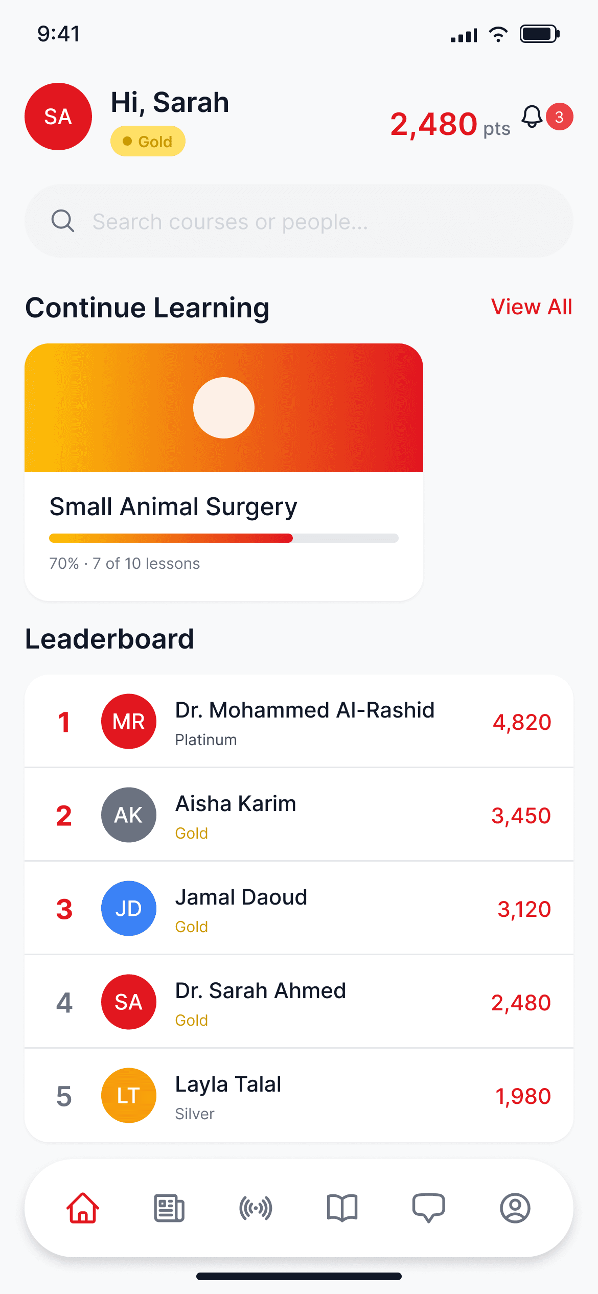 GSG Academy app home screen: continue learning and leaderboard