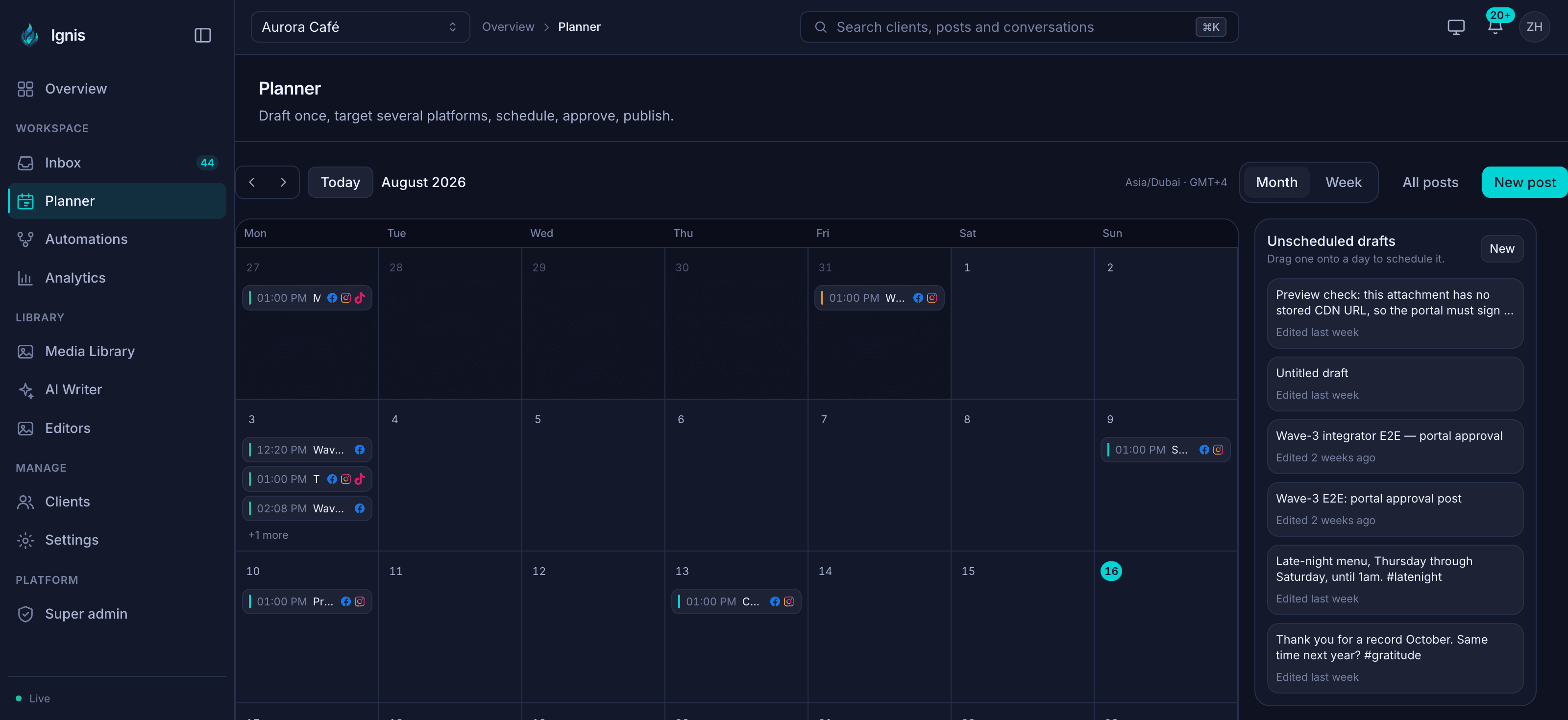 Ignis planner, August 2026 month view with scheduled posts